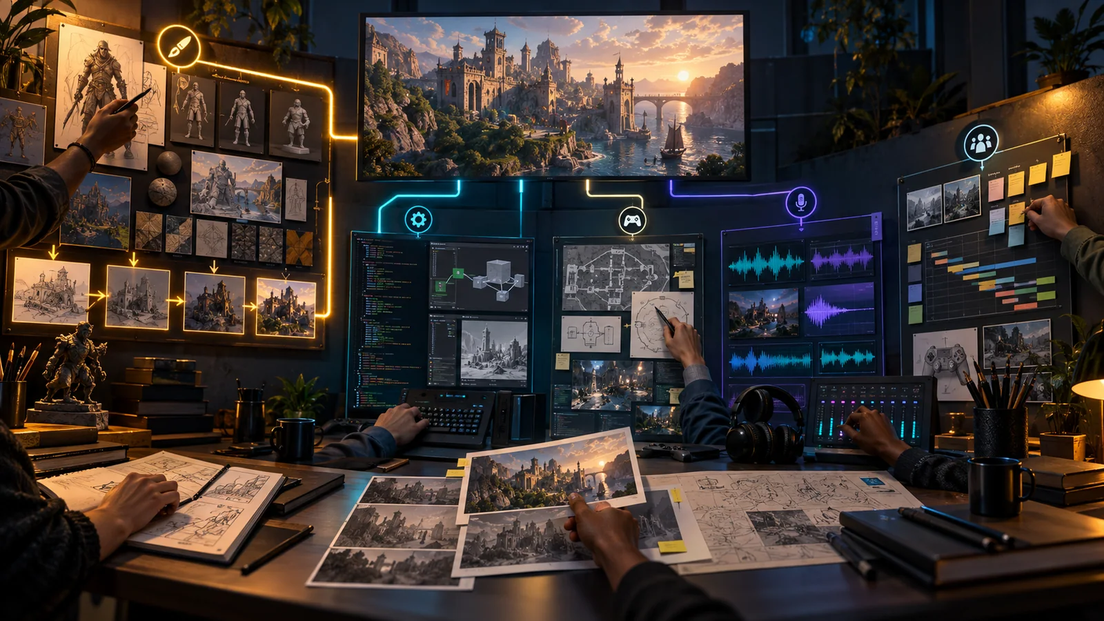 Separate art, code, design, audio, and production work streams connect individual artifacts to a finished game.