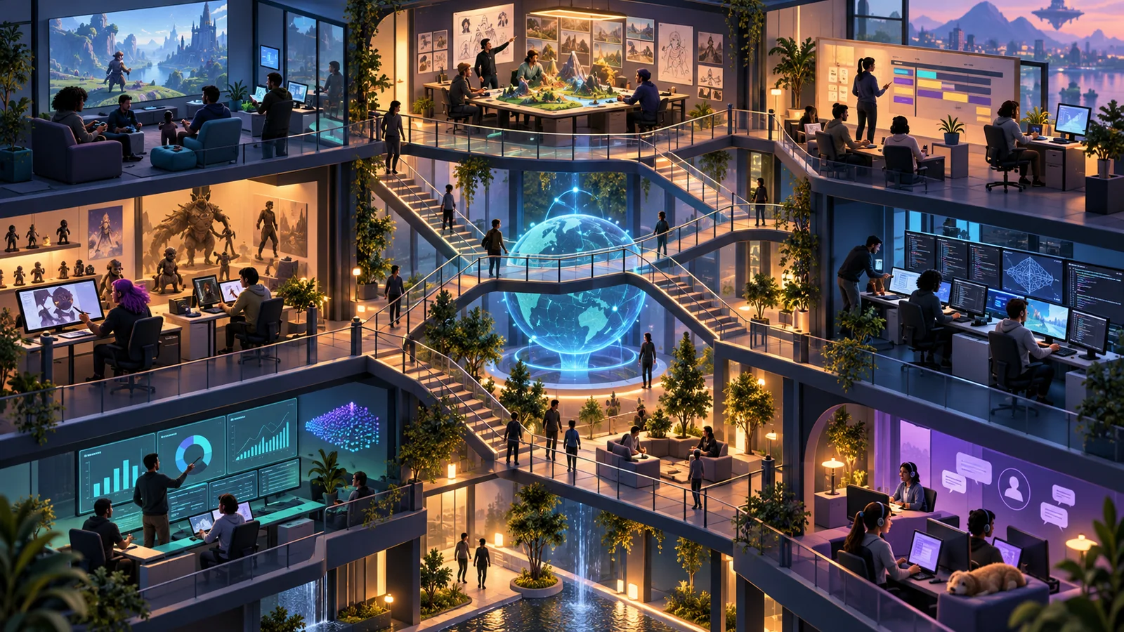 Connected studio departments for testing, design, production, art, engineering, data, and support form multiple lateral career paths.